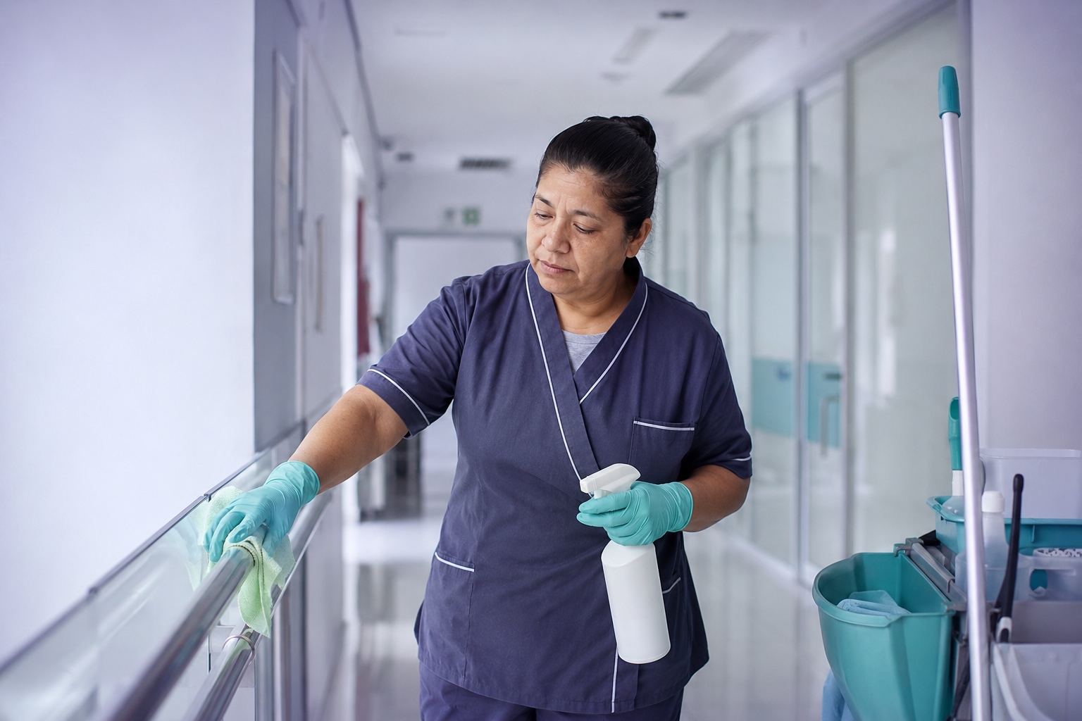 Personal de limpieza desinfectando un pasillo hospitalario