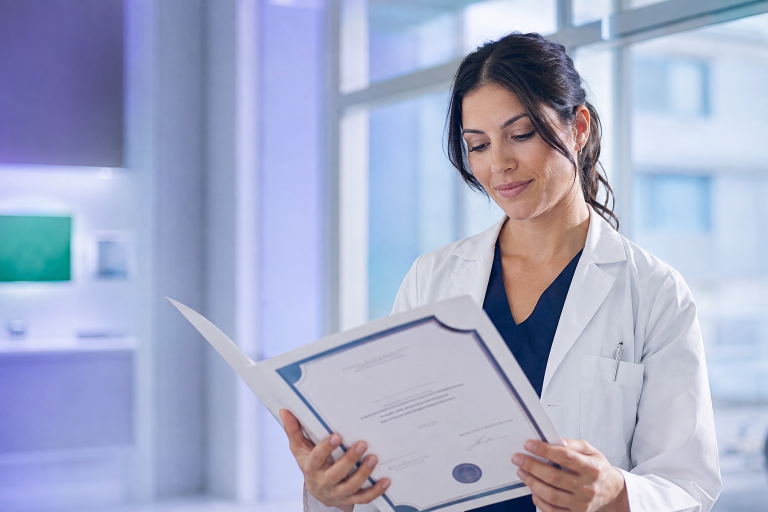 Profesional de la salud mostrando su certificado de aprobación
