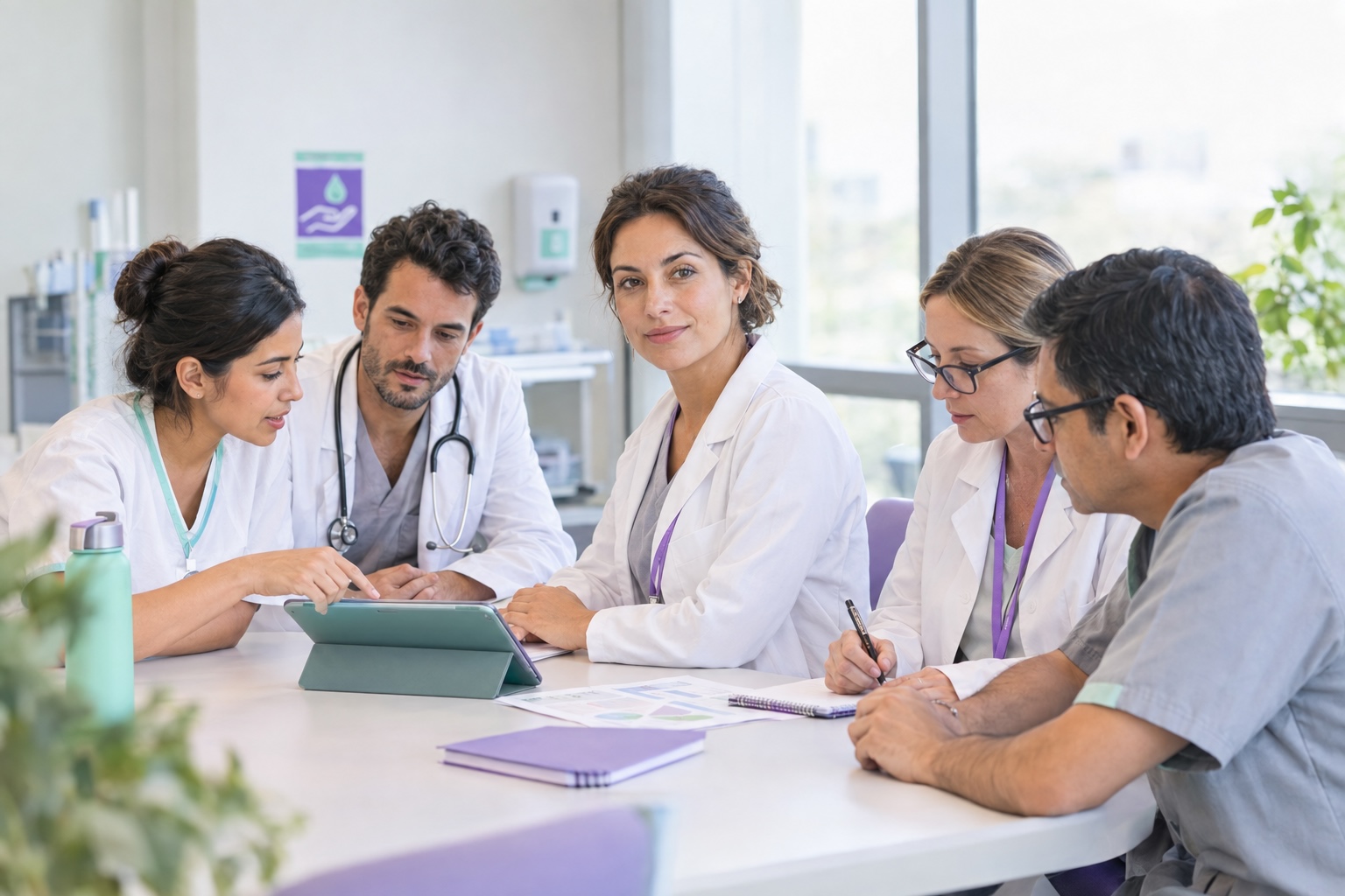 Equipo de profesionales de la salud analizando indicadores de control de infecciones